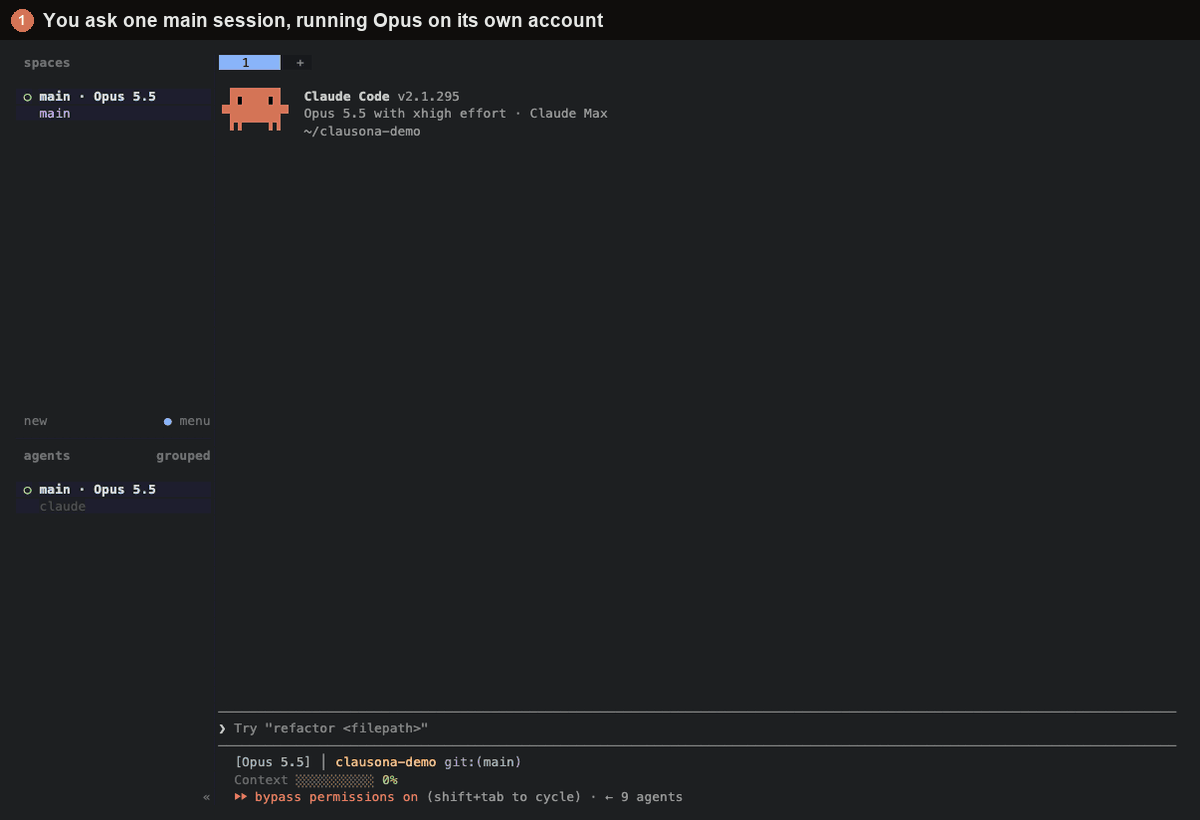 A main Claude Code session in herdr, on Opus with its own account, starts one worker on Sonnet with a second Claude account and one on DeepSeek through an API, each in its own worktree and pane, then checks each branch, sends a follow-up where needed and removes the worktrees.