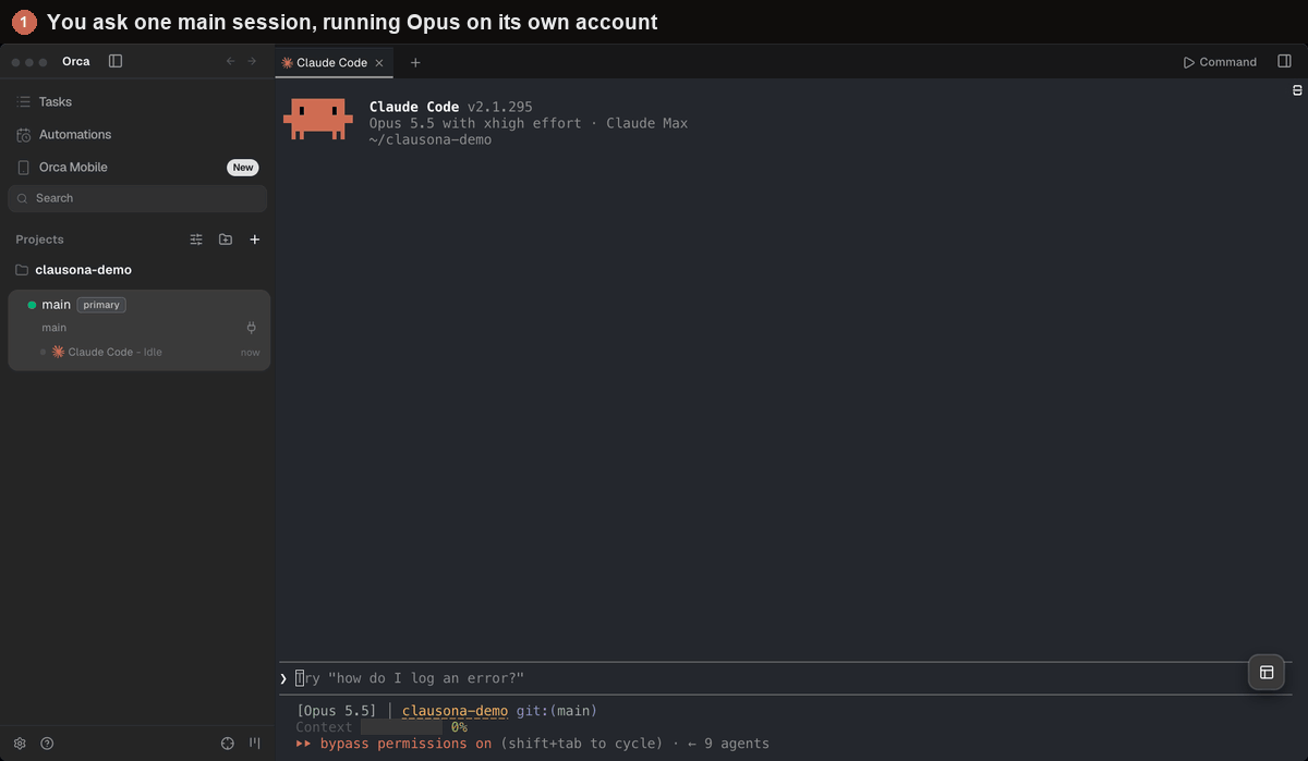 A main Claude Code session in Orca, on Opus with its own account, opens a worktree per task named for the account it runs on, one on Sonnet with a second Claude account and one on DeepSeek through an API, then checks each branch and removes the worktrees.